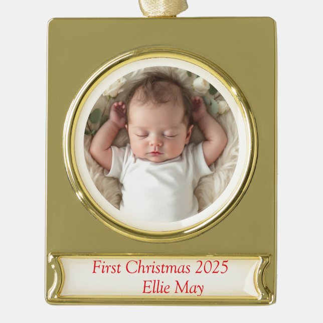 Baby Foto First Christmas Deer Banner-Ornament Gold (Vorderseite)
