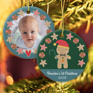 Baby Foto First Christmas Gingerbrot Boy Green Keramik Ornament