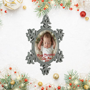 Baby Foto First Christmas Personalize Schneeflocken Zinn-Ornament