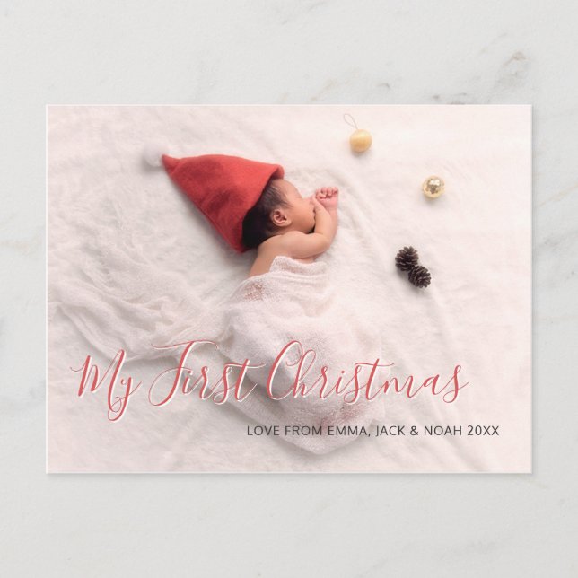 Baby Foto First Christmas Red Script Holiday Ankündigungspostkarte (Vorderseite)