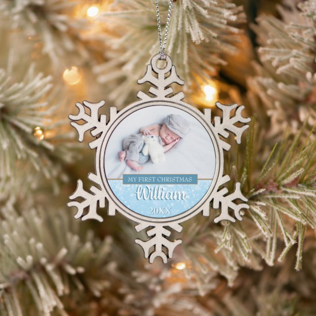 Baby Foto First Christmas Schneeflocken Zinn-Ornament (Baum)
