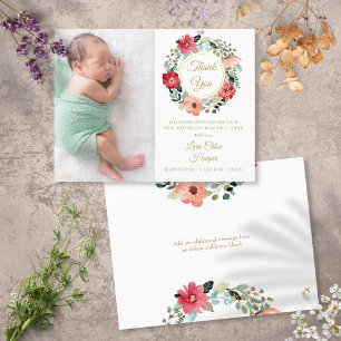 Baby Foto Floral Garland Gold Vielen Dank für Ihre Ankündigungspostkarte