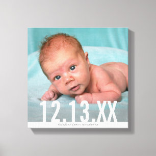 BABY-FOTO GEBURTSDATUM fette weiße Schrift Überlag Leinwanddruck