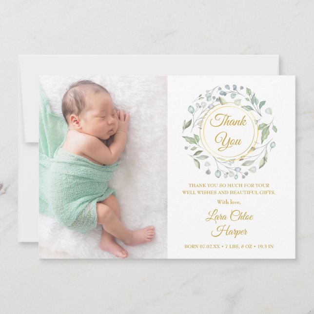 Baby Foto Gold Vielen Dank Grüne Floral Birth Ankündigung (Vorderseite)