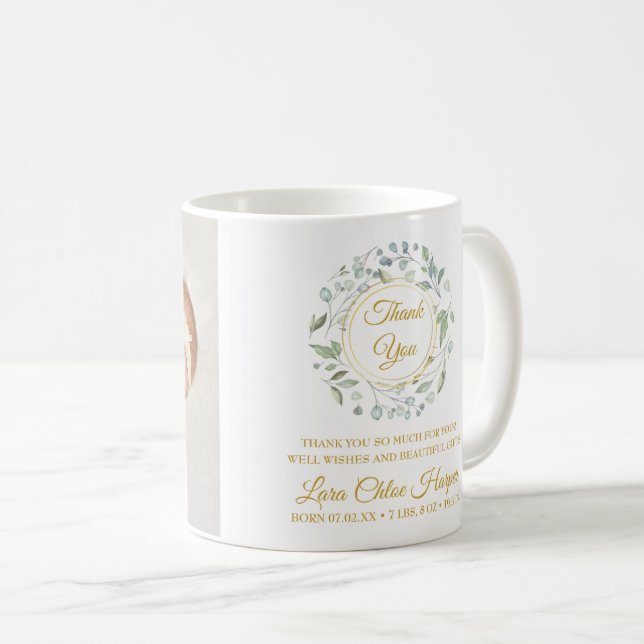 Baby Foto Greenery Gold Vielen Dank Kaffeetasse (VorderseiteRechts)