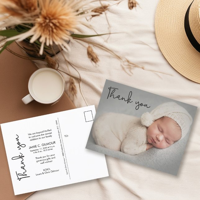 Baby Foto Handletting Script Birth Ankündigungspostkarte (Baby boy photo thank you modern handlettering script birth stat postcard.)