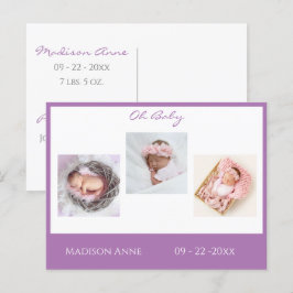 Baby Foto Lila Girl Script Stats Birth Ankündigungspostkarte