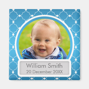 Baby-Foto mit Name u. Datum Quatrefoil Blau Magnet