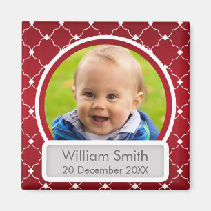 Baby Foto mit Name und Datum Quatrefolie rot Magnet
