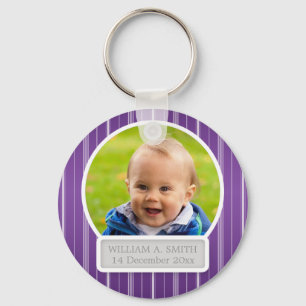 Baby Foto mit Namen Elegante Streifen Lila Schlüsselanhänger