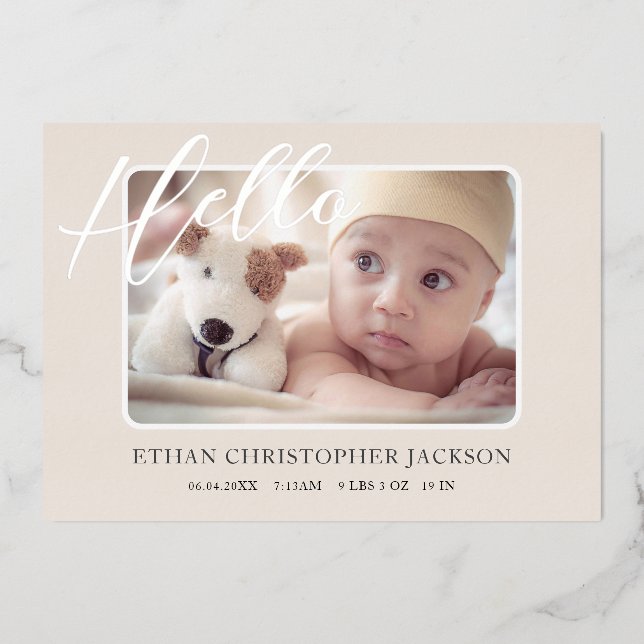 Baby Foto Moderne Silver Foil Birth Ankündigung (Vorderseite)