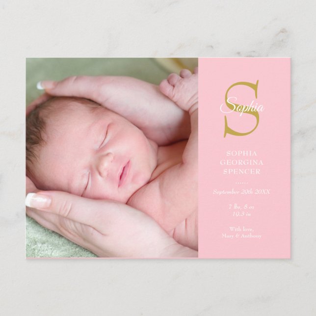 Baby Foto Monogram Geburtsankündigung Postkarte (Vorderseite)
