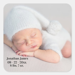 Baby Foto Typografie Baby Birth Ankündigung Quadratischer Aufkleber