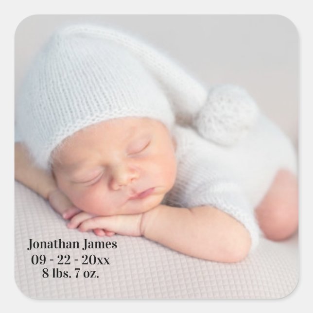 Baby Foto Typografie Baby Birth Ankündigung Quadratischer Aufkleber (Vorderseite)