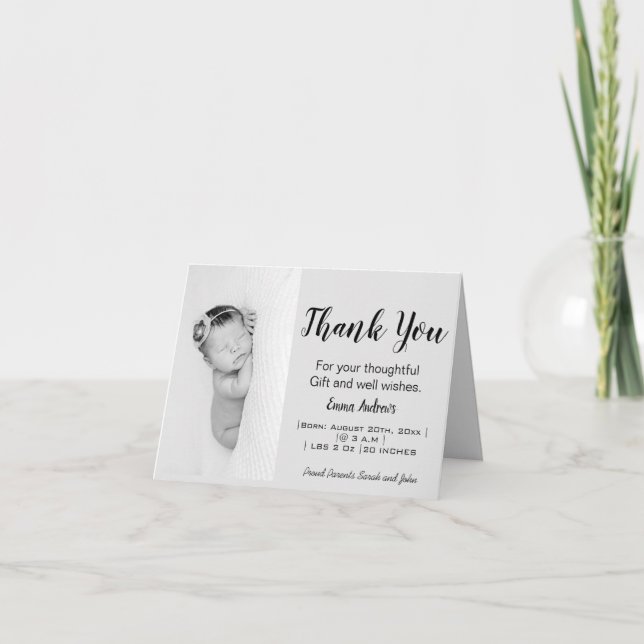 Baby Foto von Black & White Thank You Birth Folded Ankündigung (Vorderseite)