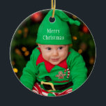 Baby Foto von Elf Merry Christmas Keramik Ornament<br><div class="desc">Cute baby dressed as holiday foto with merry Christmas. Replace this image with with your baby's foto. You may keep the merry Christmas text or delete it. Cute red green elf outfit with liebenswerter Smiling Baby. Sammt Keepsake every year and watch baby grow!</div>