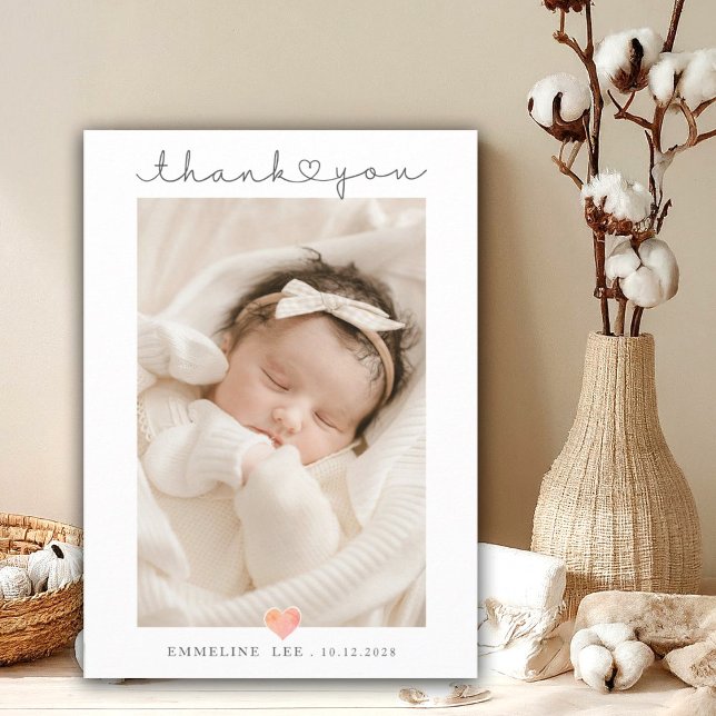 Baby Foto von Thank You Script Heart Birth Ankündigung (Von Creator hochgeladen)