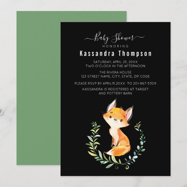 Baby Fox Floral Wreath Baby Dusche Einladung (Vorne/Hinten)