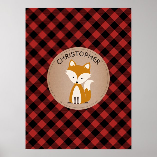 Baby Fox Kariertes Personalisiertes Kinderzimmer A Poster (Vorne)