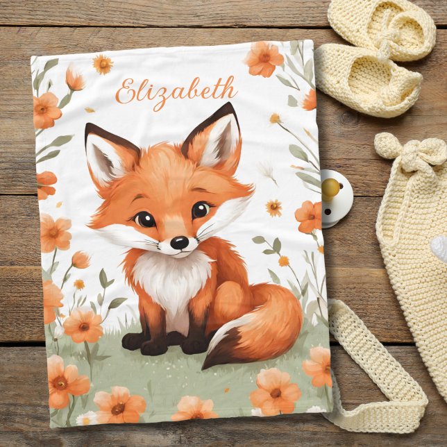 Baby Fox Peach Floral Blume Babydusche Geschenk Fleecedecke (Baby fox peach flowers personalized monogrammed baby girl blanket. Baby Shower gift, new baby gift)