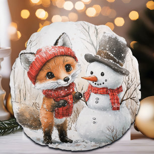 Baby Fox und Snowman Rundes Kissen