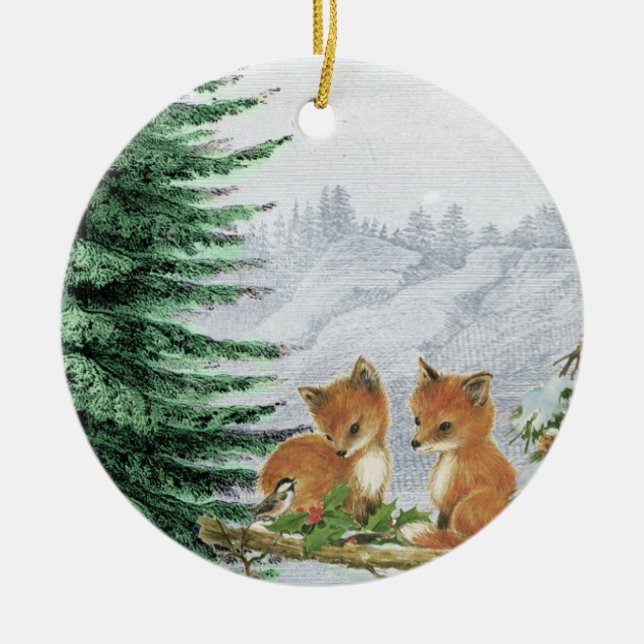 Baby Foxes Weihnachtsbaum-Holz-Verzierung Keramik Ornament (Vorne)