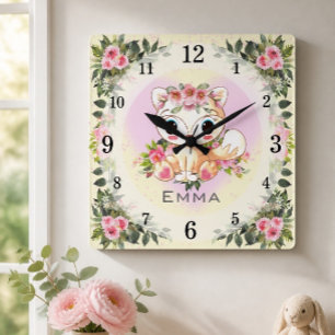 Baby Fuchs Kinderzimmer Dekor Gelb Personalisi Quadratische Wanduhr