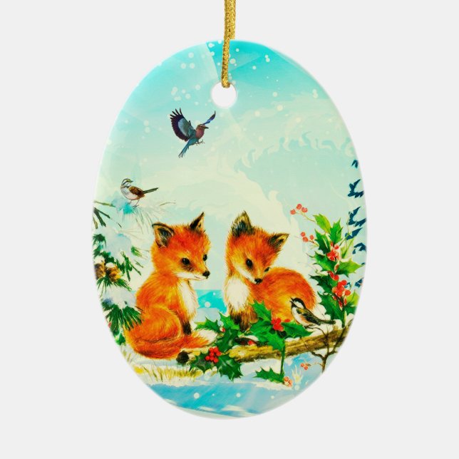 Baby-Füchse + Winter-Vögel - Weihnachtsverzierung Keramikornament (Vorne)