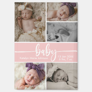 Baby-Geburtsankündigung 5-Foto-Collage Rosa Magnet