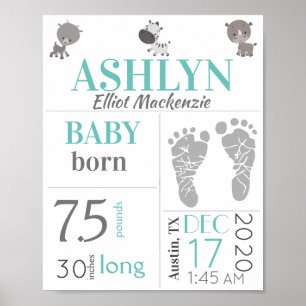 Baby-Geburtsstatistik-Schild Fußabdruck und Zootie Poster