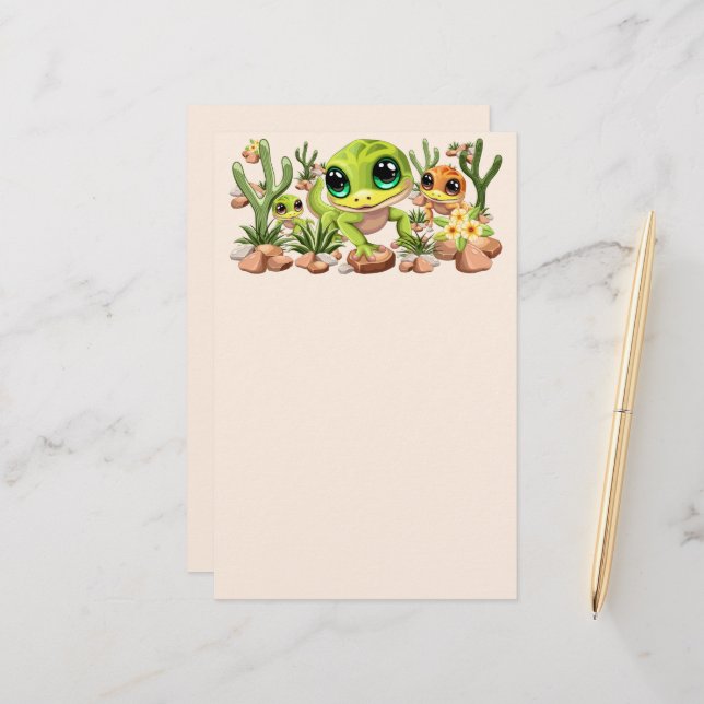 Baby Geckos Niedlich Cartoon Characters Briefpapier (Vorderseite/Rückseite Beispiel)