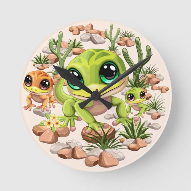 Baby Geckos Niedlich Cartoon Characters Runde Wanduhr (Vorderseite)