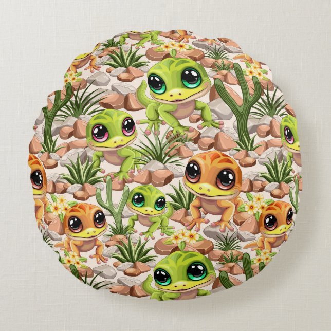 Baby Geckos Niedlich Cartoon Characters Rundes Kissen (Vorderseite)