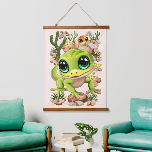 Baby Geckos Niedlich Cartoon Characters Wandteppich Mit Holzrahmen (Wohnzimmer)