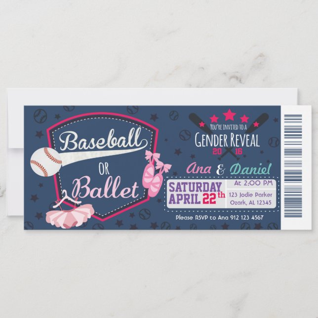 Baby Gender-Enthüllung - Baseballs oder Ballet Einladung (Vorderseite)