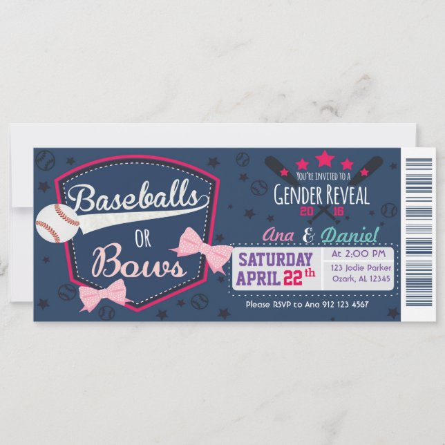 Baby Gender-Offenbarung - Baseballs oder Bows Einladung (Vorderseite)