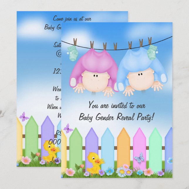 Baby Gender Reveal - Babys auf Wäscheleine Einladung (Vorne/Hinten)