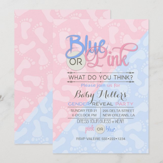 Baby Gender Reveal Party Pink Blue Footprint Einladung (Vorne/Hinten)