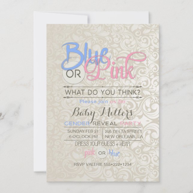 Baby Gender Reveal Party Satin Damask Einladung (Vorderseite)