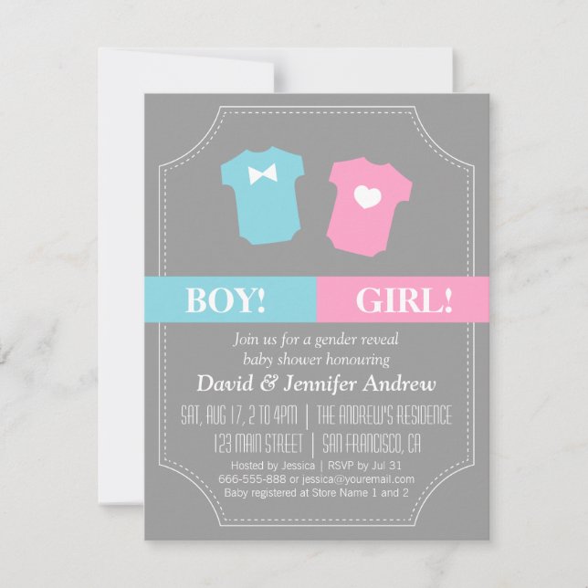 Baby-Geschlecht decken das blaue und rosa Party Einladung (Vorderseite)