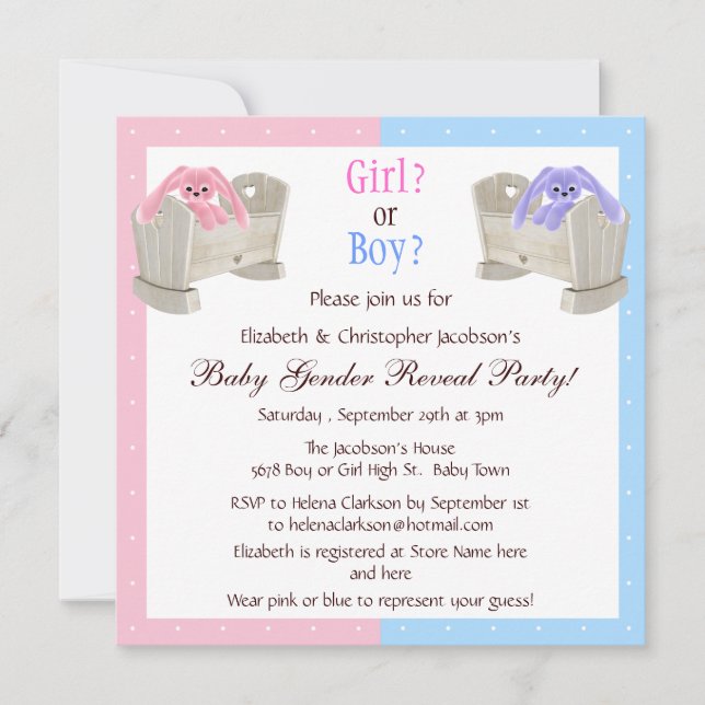 Baby-Geschlecht decken die rosa u. blauen Häschen Einladung (Vorderseite)