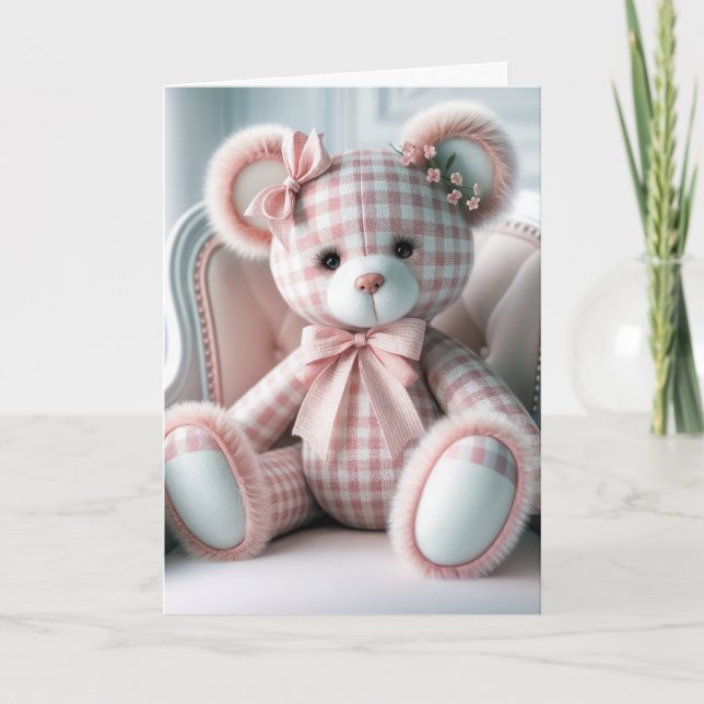 Baby Gingham Teddy Bear auf einem Stuhl Karte (Vorderseite)