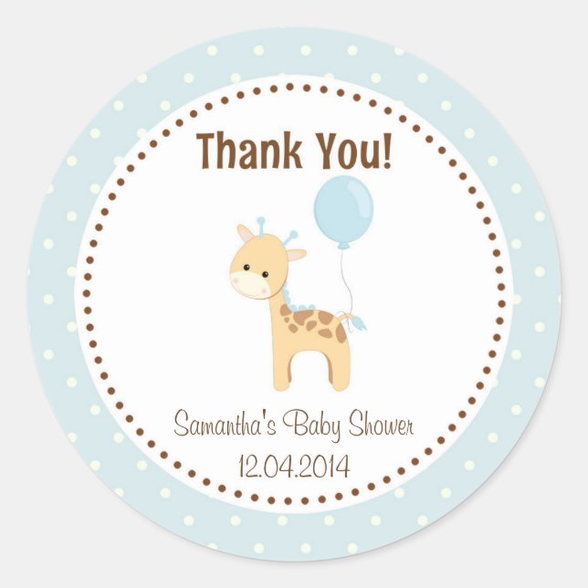 Baby Giraffe Babyduschenaufkleber blau Runder Aufkleber (Vorderseite)