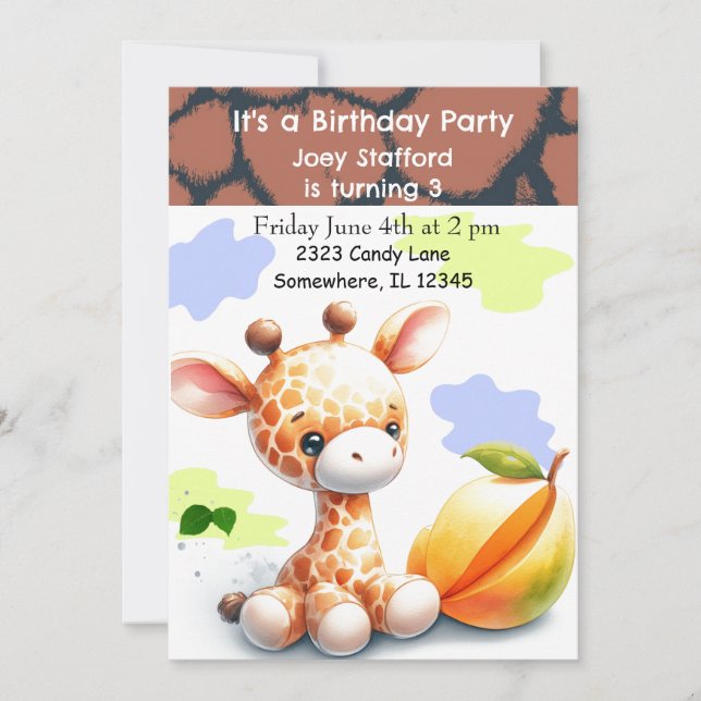 Baby Giraffe farbenfrohe Einladung zum Geburtstag (Vorderseite)