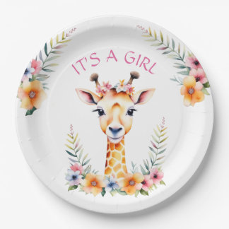 Baby Giraffe Floral, es ist ein Mädchen | Babydusc Pappteller