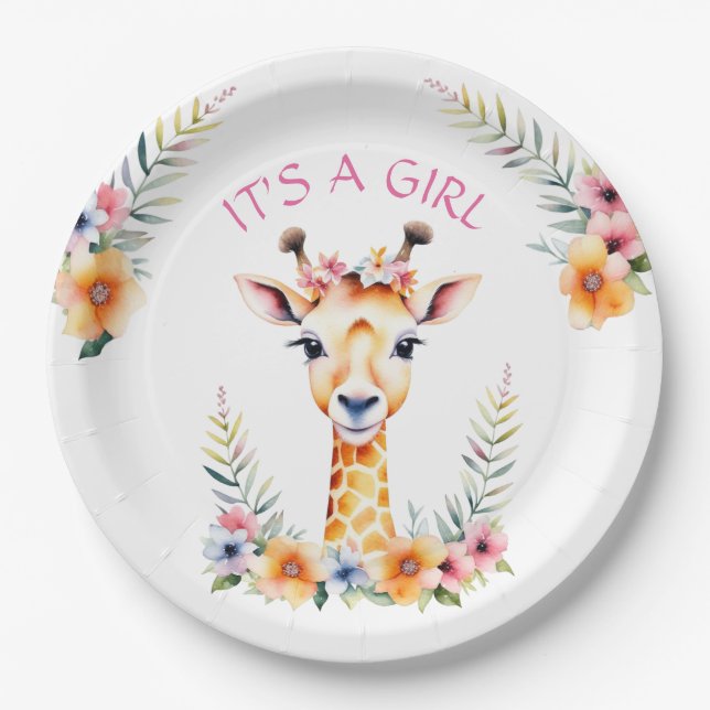 Baby Giraffe Floral, es ist ein Mädchen | Babydusc Pappteller (Vorderseite)