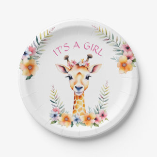 Baby Giraffe Floral, es ist ein Mädchen | Babydusc Pappteller