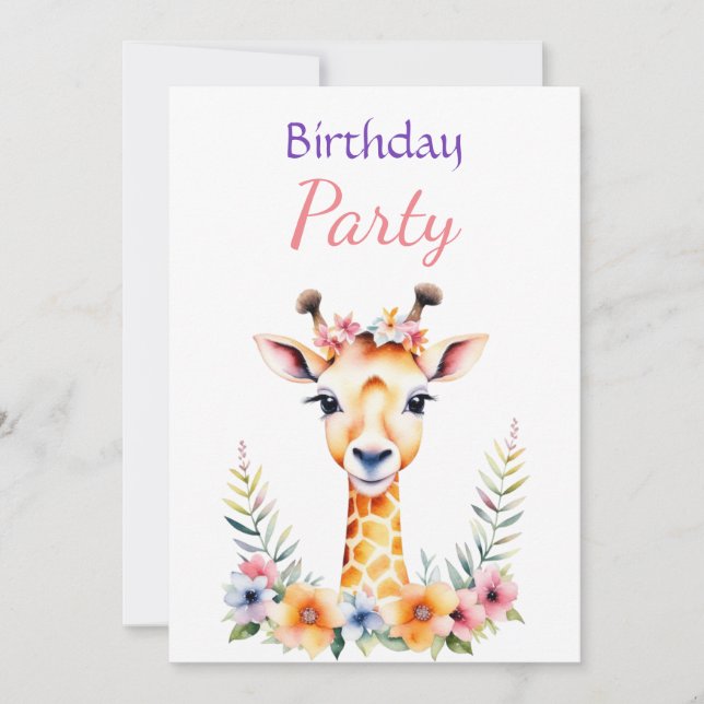 Baby Giraffe in Blume Girl's Birthday Party Einladung (Vorderseite)