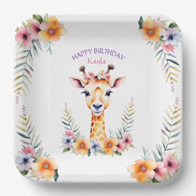 Baby Giraffe in Blume Girl's Birthday Party Pappteller (Vorderseite)
