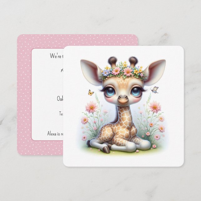 Baby Giraffe in Blume Kinderdusche Einladung (Vorne/Hinten)